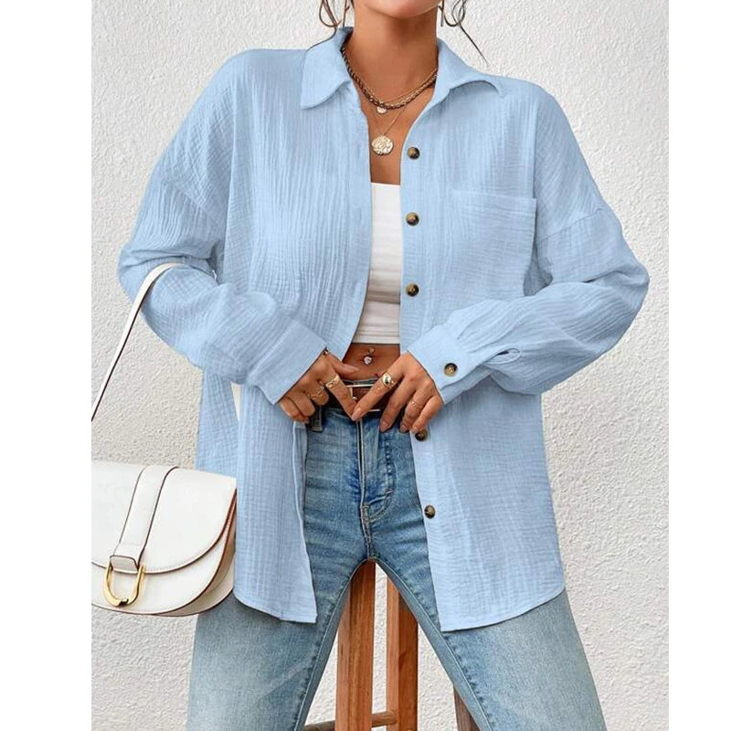 Women's Button-Up Shirt - Lightweight Crinkled Fabric - Relaxed Fit - Long Sleeve
