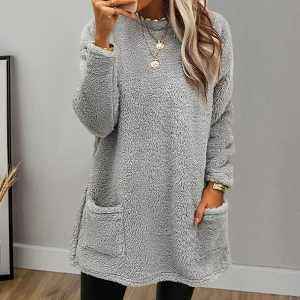 Women's cozy half-high collar plush sweatshirt with pockets