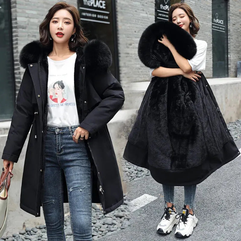 Fuzzy Trim Drawstring Hooded Zip-Up Parka Coat