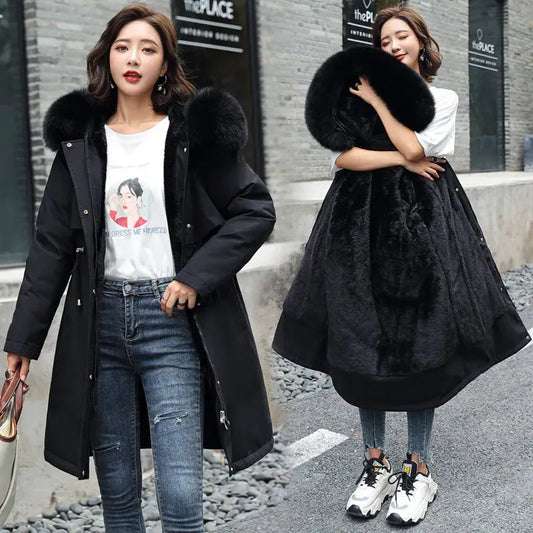Fuzzy Trim Drawstring Hooded Zip-Up Parka Coat