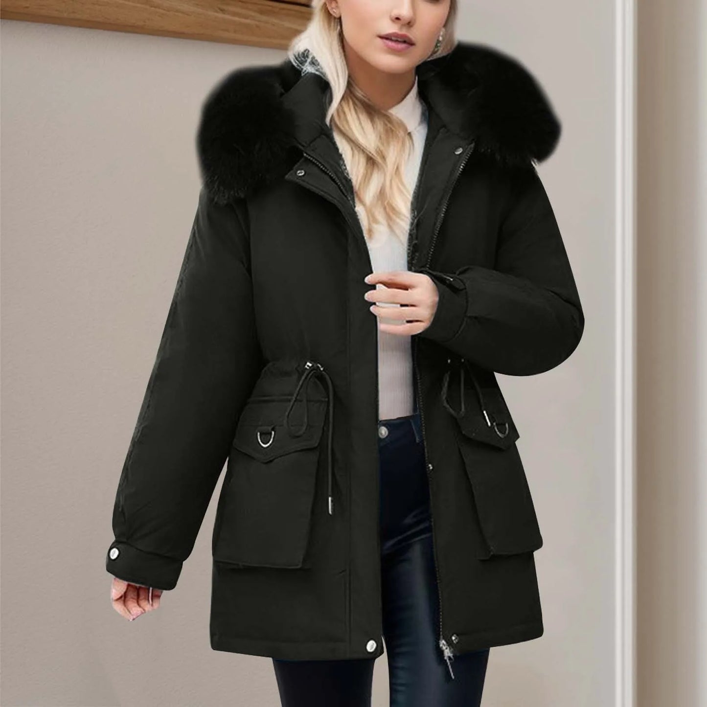 Women's winter windbreaker hooded jacket with a full zip waist cinch and pockets