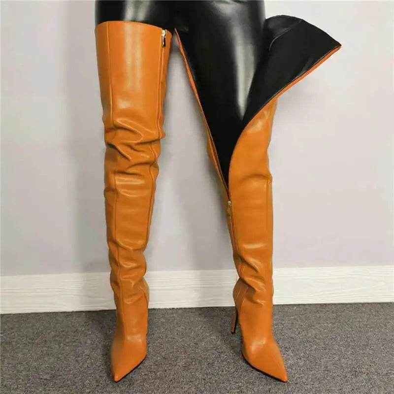 Women’s Over-the-Knee Boots – High Heel – Pointed Toe – Glossy Faux Leather – Zipper Closure