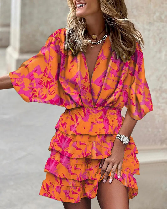 Relaxed Fit Ruffle Wrap V-Neck Dress