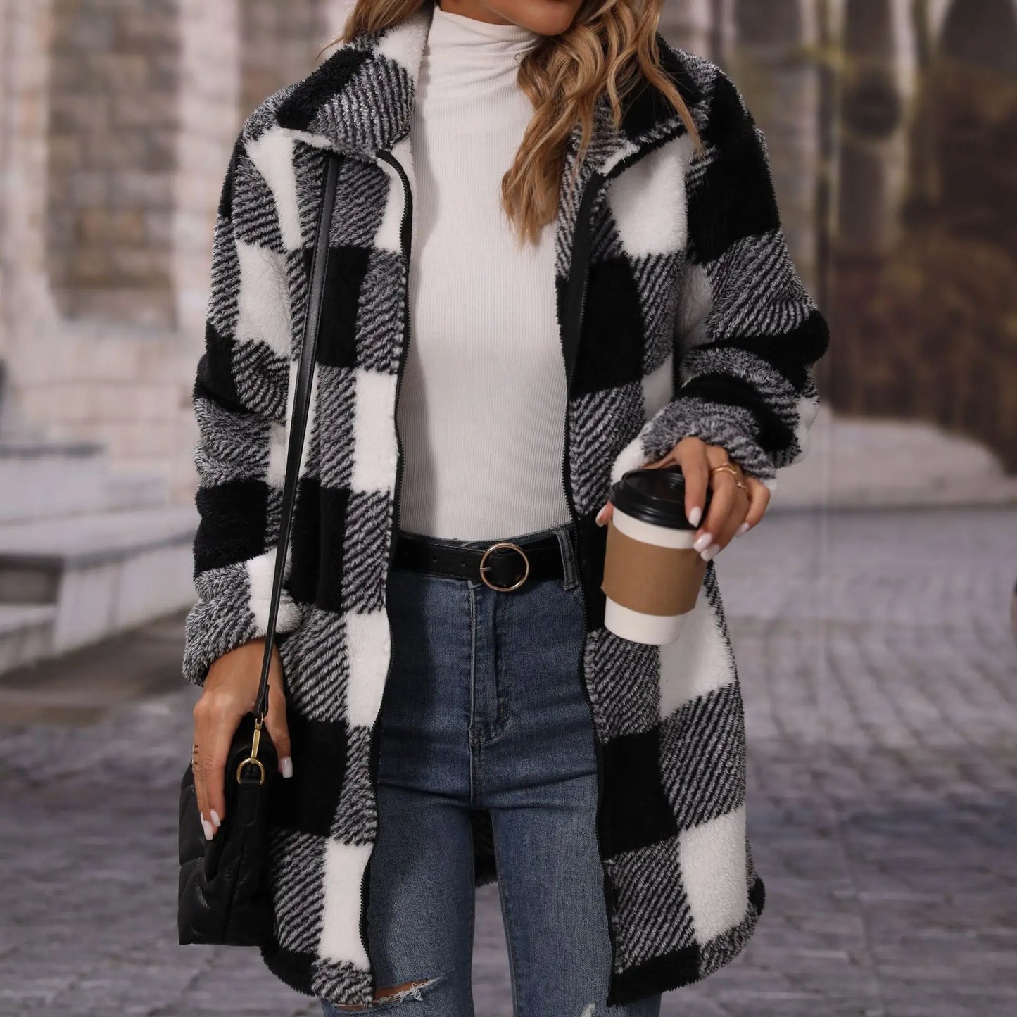 Women's black and white checkered long coat with lapel and zipper