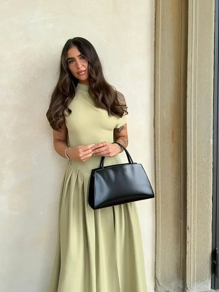 Women's Slant Collar Midi Dress – Fit and Flare – Pleated Skirt