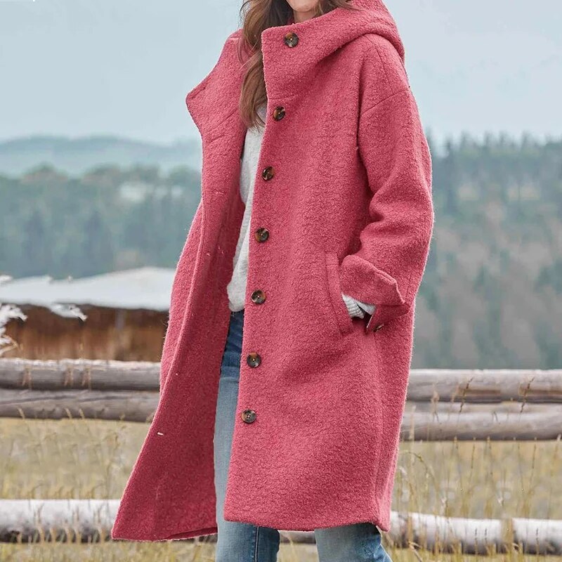 Women’s Long Coat - Oversized Fit - Button-Front - Textured Fabric - Wide Notched Collar
