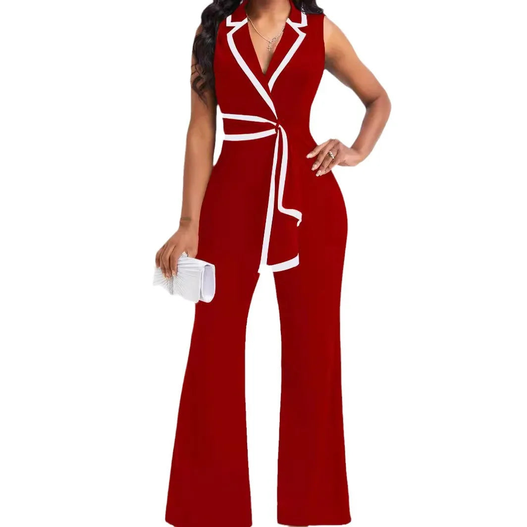 Women's Sleeveless Jumpsuit - Blazer Wrap V-Neck - Tie Waist Flare Pants Elegant Fit