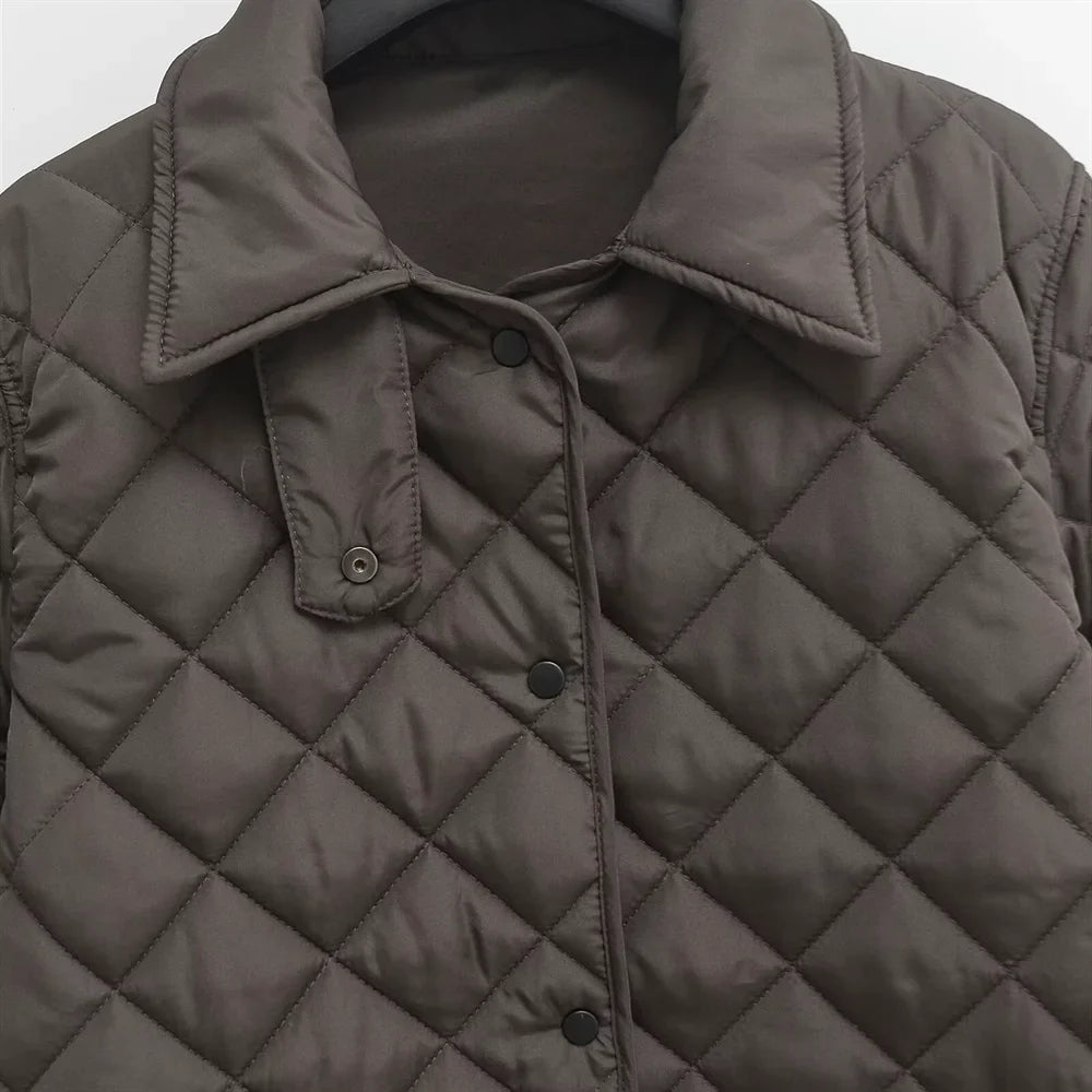 Women’s Quilted Jacket – Relaxed Fit – Mid-Length – Diamond Pattern – Shirt Collar