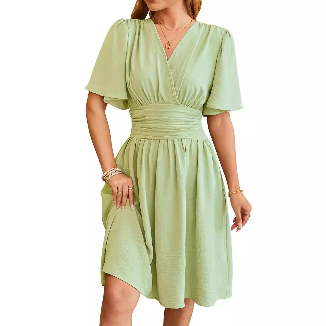 Women’s Wrap Dress – Ruched Waist – V-Neck – Flutter Sleeve – Knee Length A-Line Fit