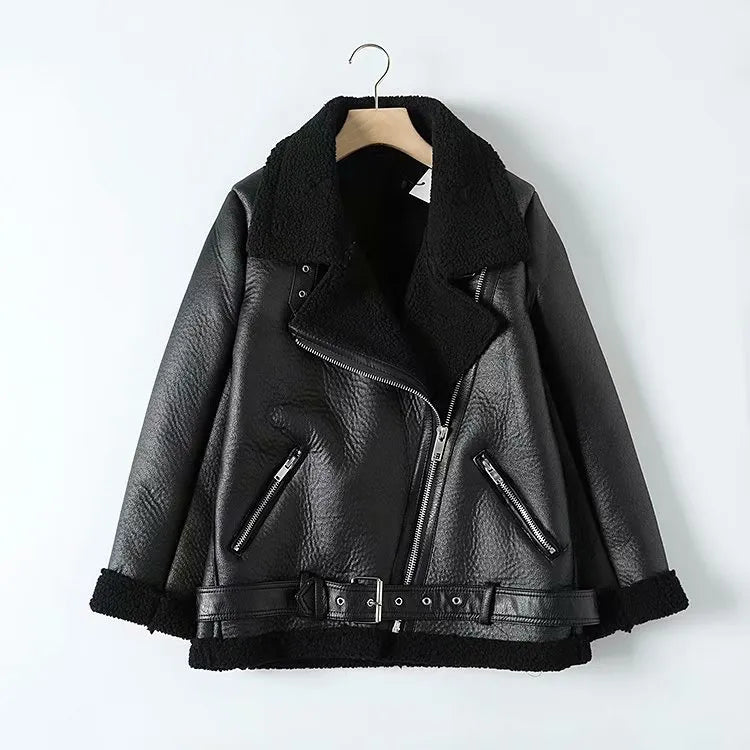 Women's modern classic wide lapel coat with belt and zipper closure
