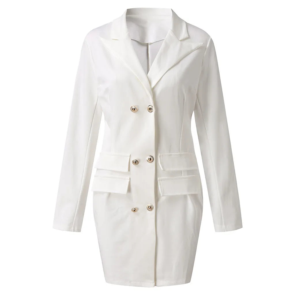 Women's Blazer Dress - Double-Breasted Fitted Design - Lapel Collar - Long Sleeve