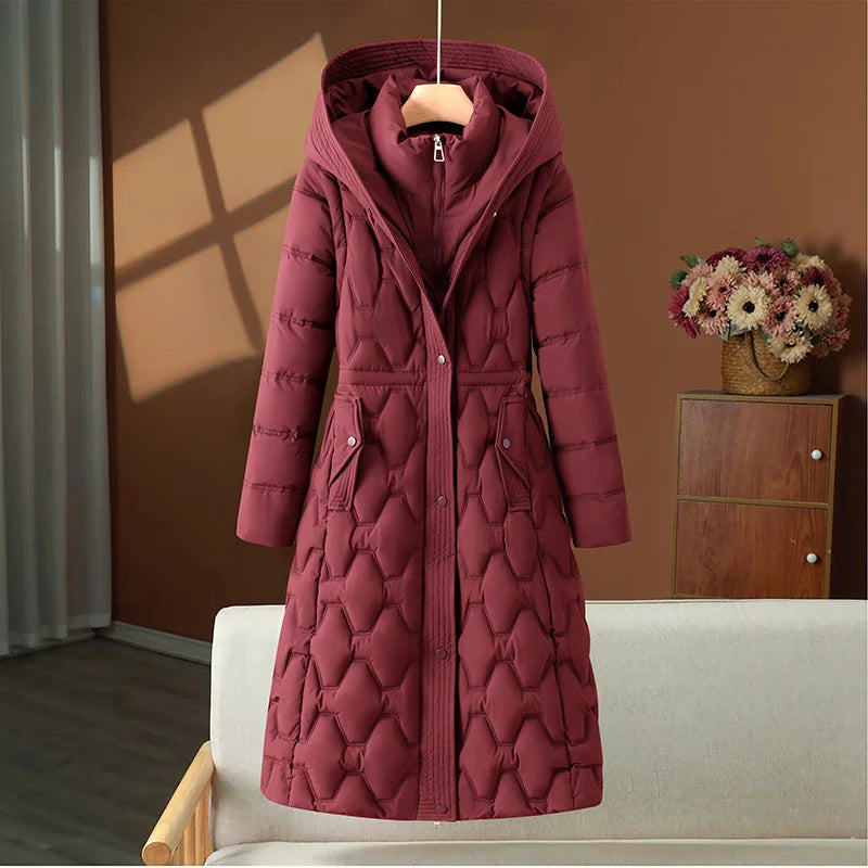 Women’s Long Quilted Jacket – Fitted Waist – Padded Insulation – Hooded – Snap Closure