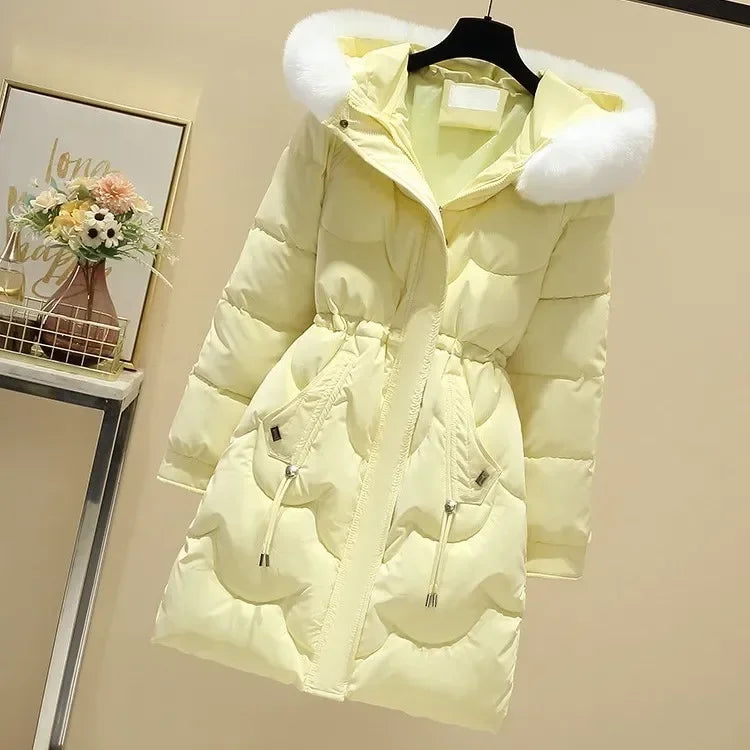 Women's winter midi-length hooded padded jacket with drawstring waist