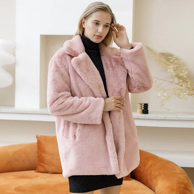 Women’s Faux Fur Jacket – Oversized Fit – Shawl Collar – Mid-Thigh Length – Open Front