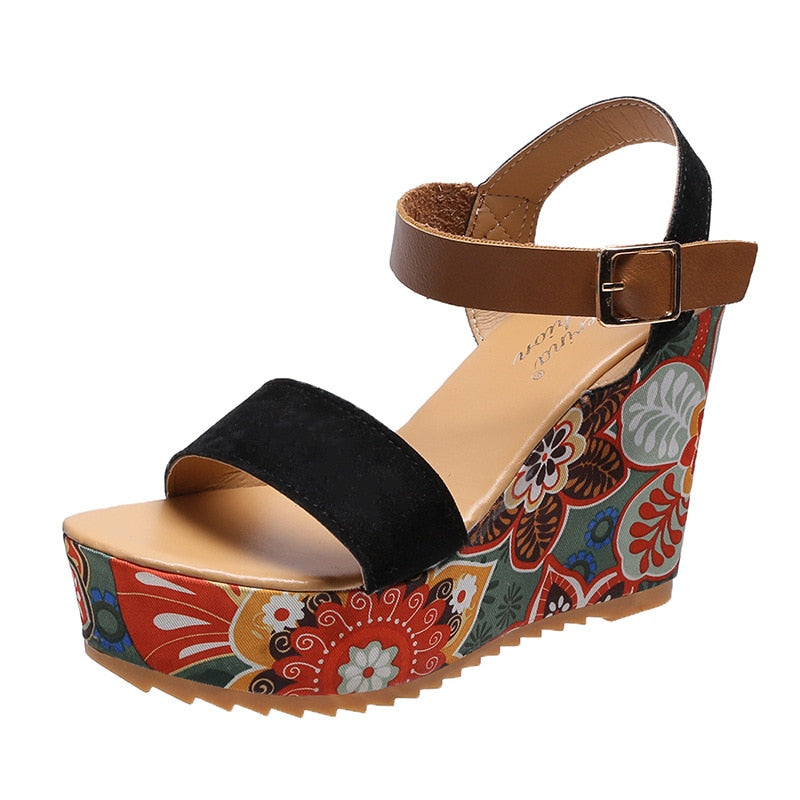 Women's Wedge Sandals - High Platform - Ankle Strap - Stylish Printed Heel