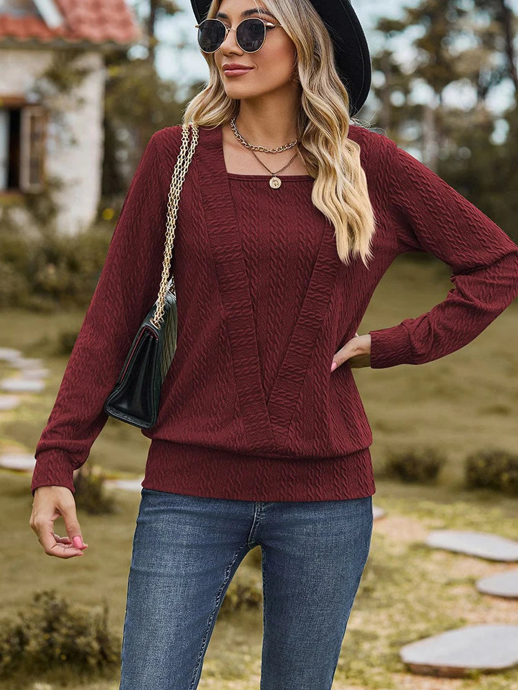Elegant Square Neck Long Sleeve T-Shirt