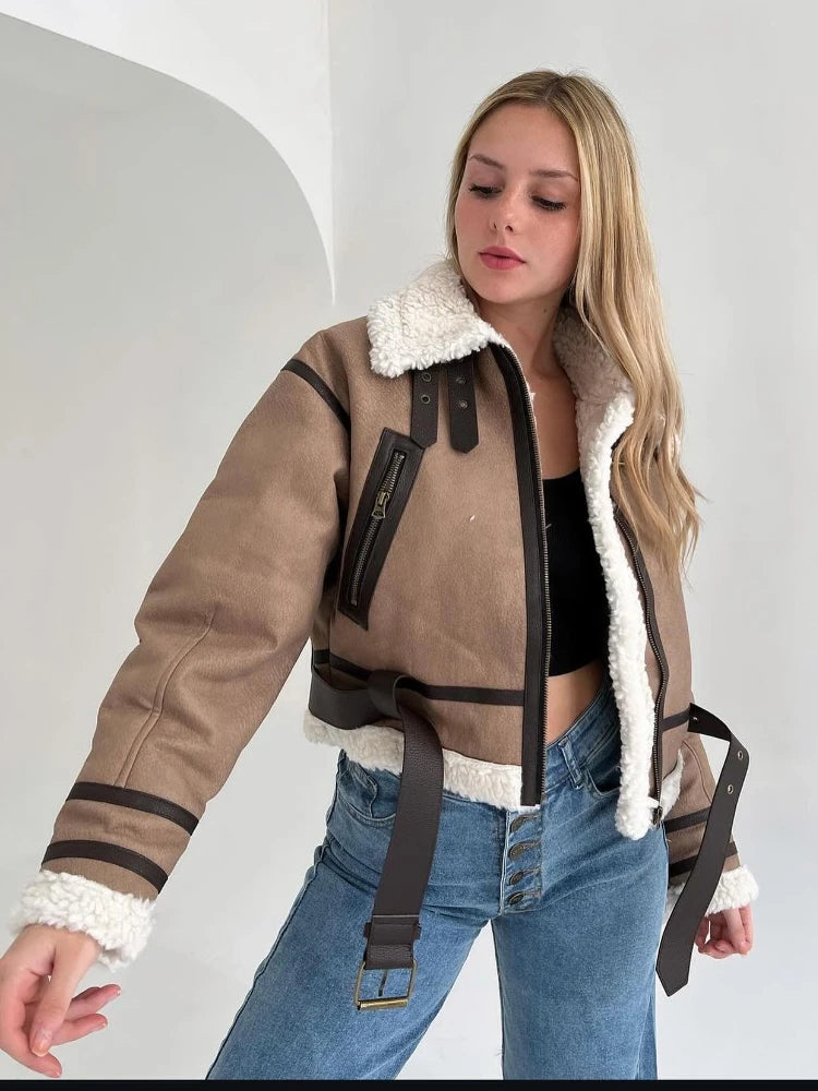 Women's faux shearling jacket winter belted coat long sleeve