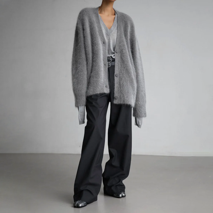 Women's oversized fuzzy v-neck cardigan
