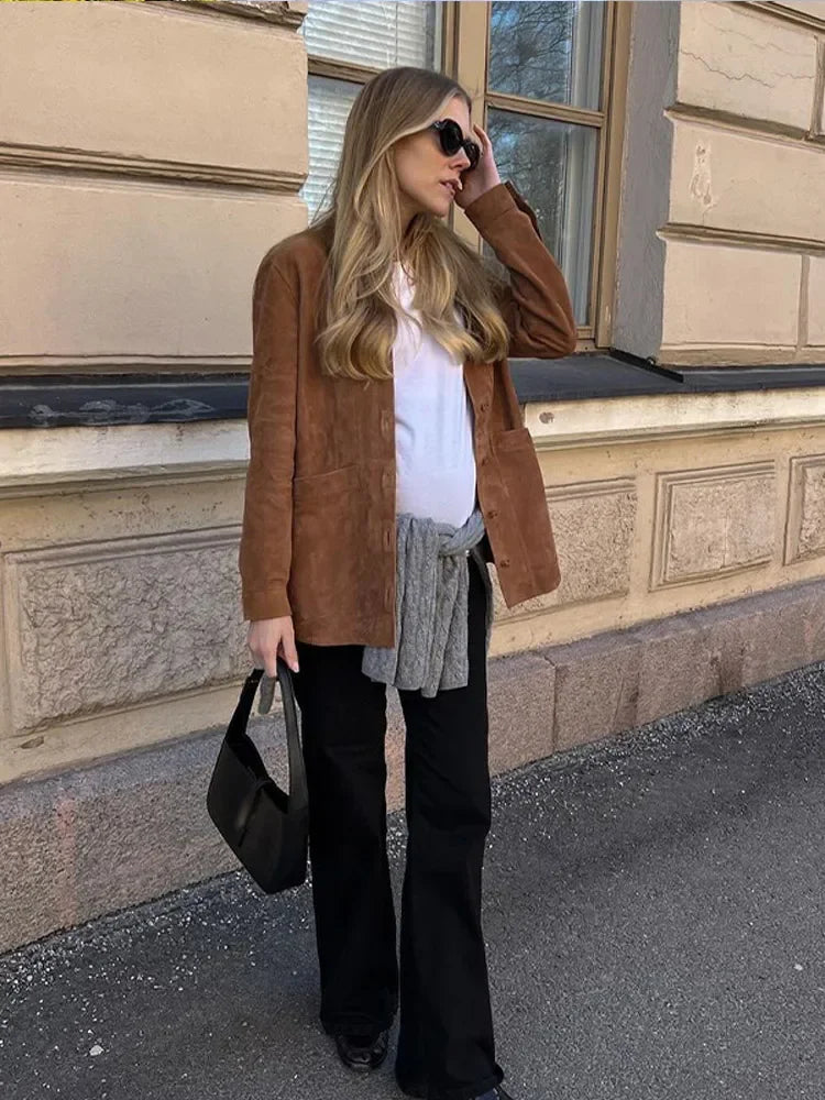 Women’s Oversized Shirt - Button-Up Relaxed Fit - Long Sleeve Suede Leather