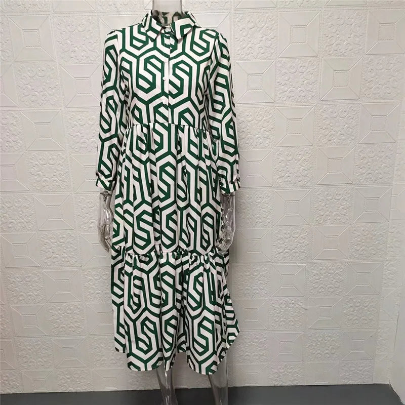 Women’s Long Sleeve Dress – Relaxed Fit – Tiered Silhouette – Geometric Print – Breathable Blend