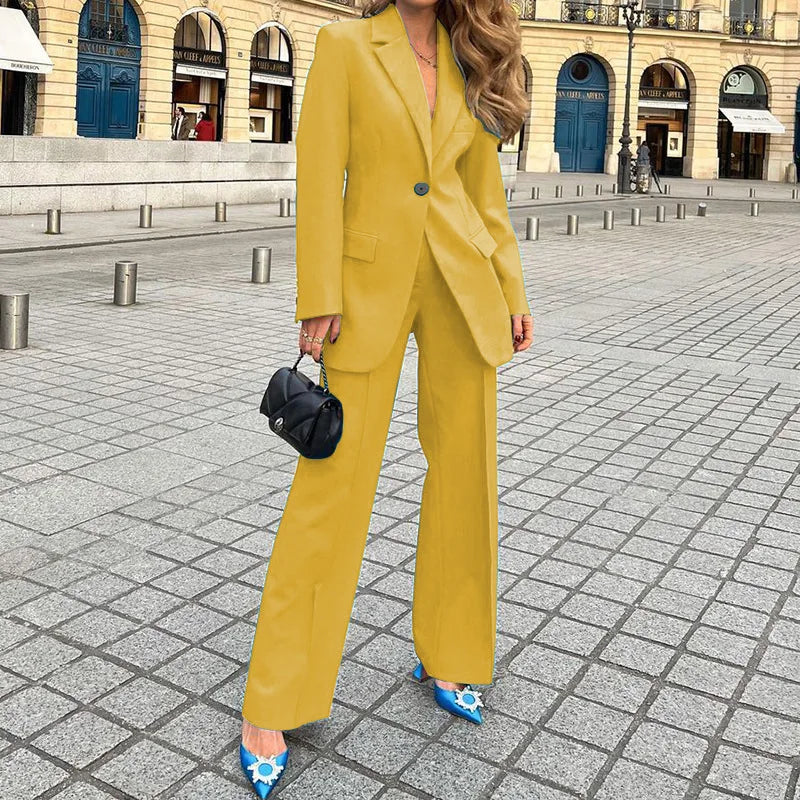 Women's lapel one-button closure blazer and pants 2-piece outfit set