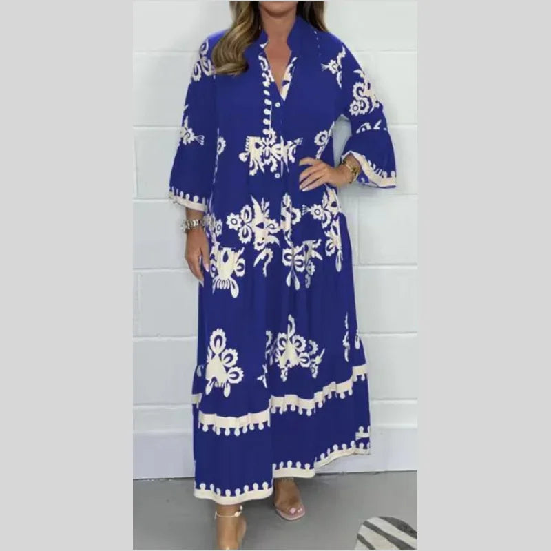 Women's elegant printed stand-up collar waist dress