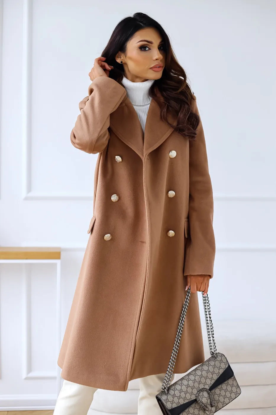Women's double-breasted textured coat long sleeve lapel winter jacket