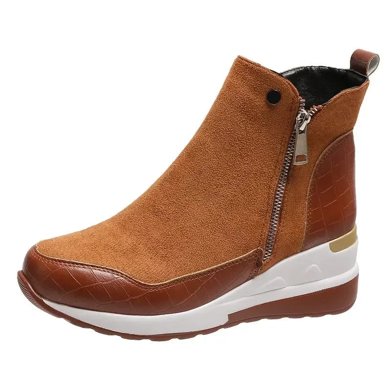 Women's Wedge Ankle Boots - Suede & Faux Leather - Side Zipper - Platform Sole