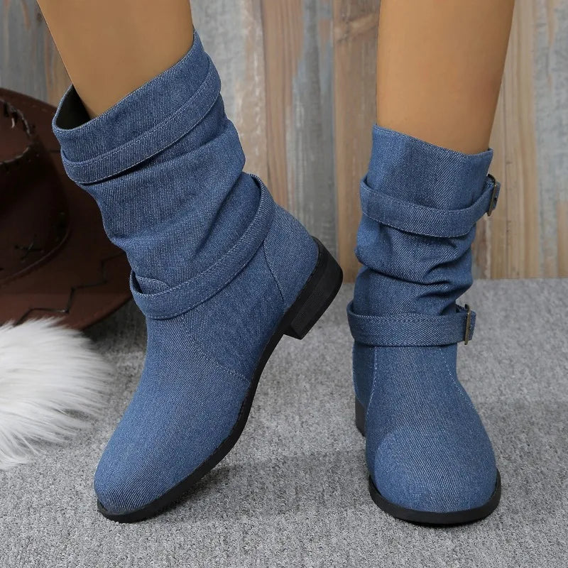 Women's denim buckle ankle boots