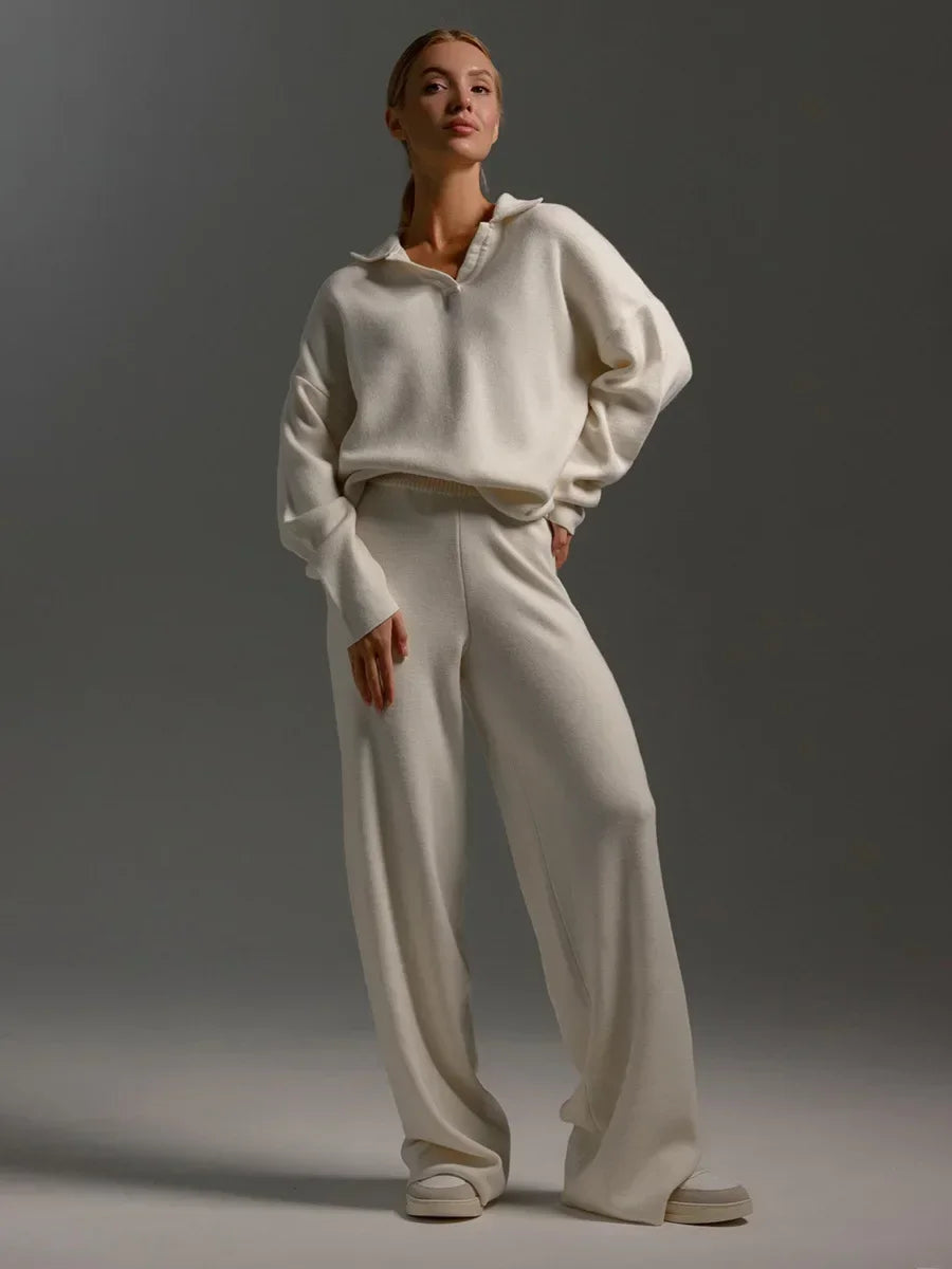 Women’s Two-Piece Knit Set – Relaxed Fit Polo Neck Sweater – Wide-Leg High-Waist Pants