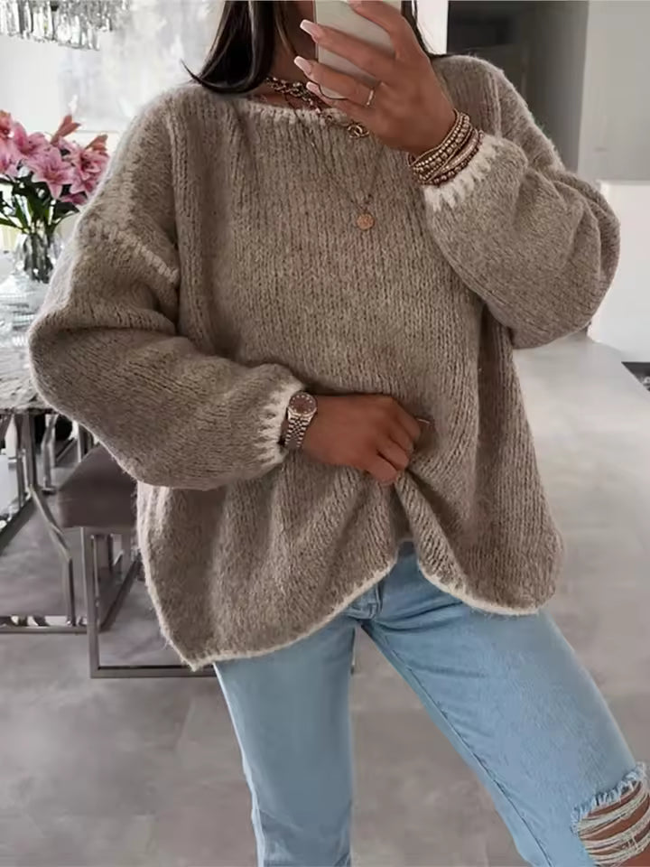 Women’s Sweater – Oversized Fit – Chunky Knit Wool – Crew Neck – Balloon Sleeve