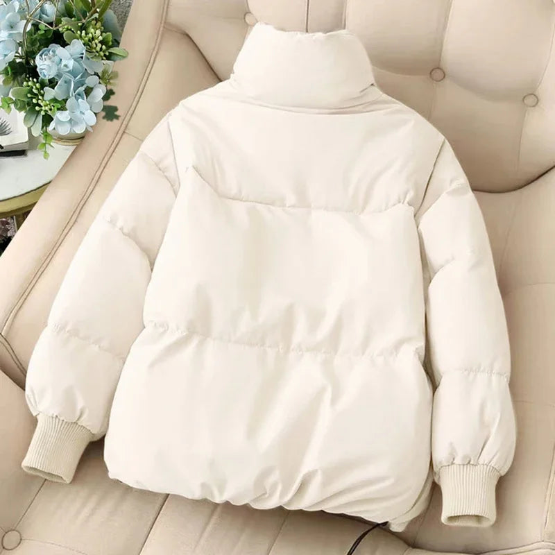 Women's winter puffer jacket with zipper and notched neck
