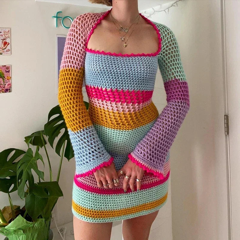 Women's Crochet Dress - Open-Knit Textured - Long Sleeve - Boho Flare Cuff