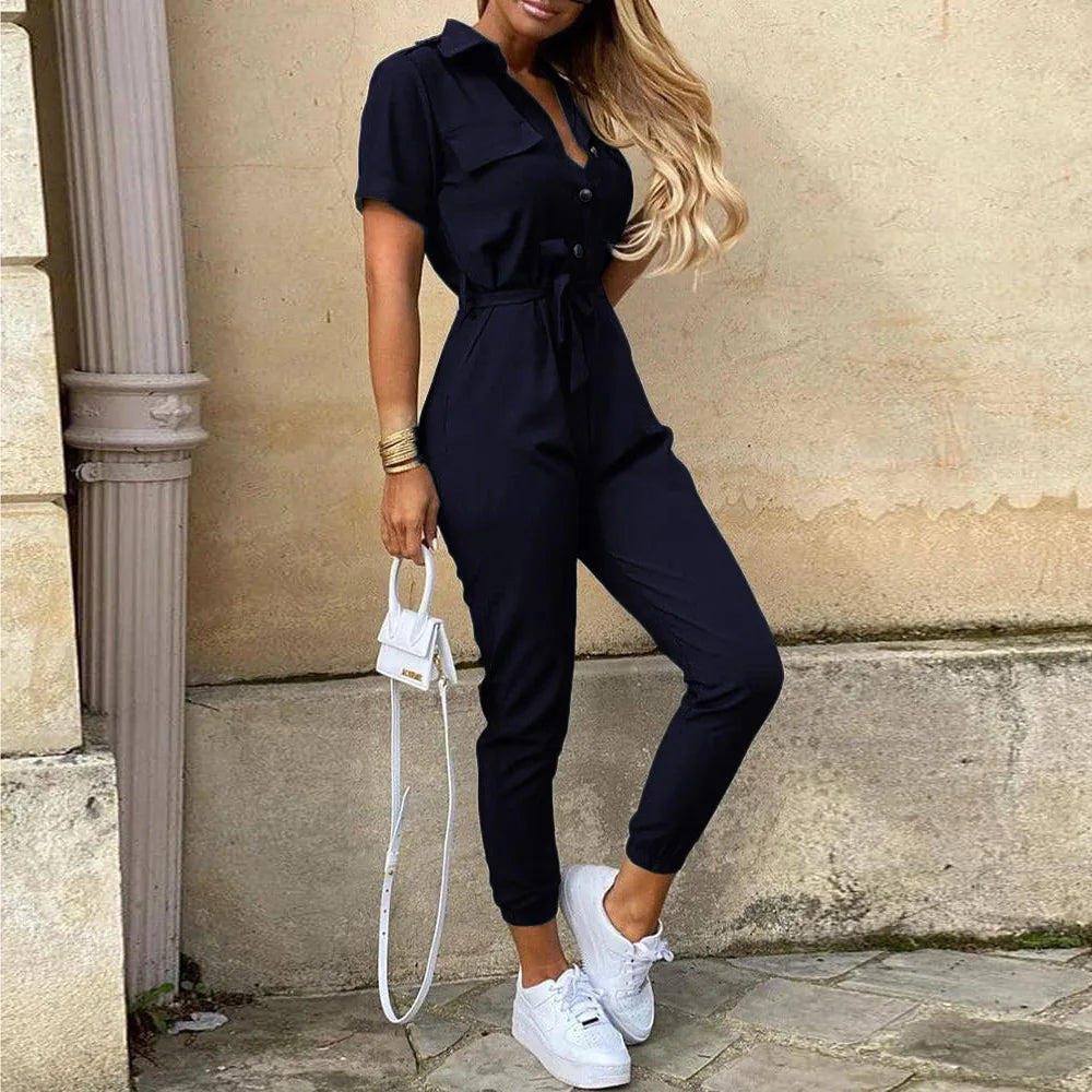 Women's monochromatic summer workwear jumpsuit with belt