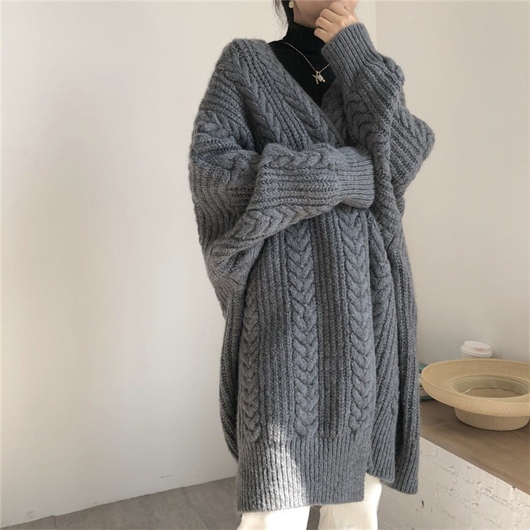Women's autumn winter thick loose cable knit cardigan mid-length