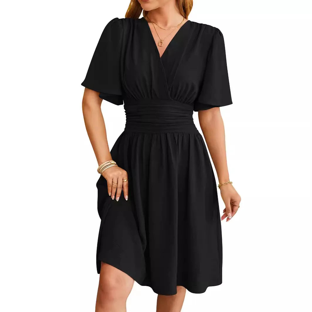 Women’s Wrap Dress – Ruched Waist – V-Neck – Flutter Sleeve – Knee Length A-Line Fit