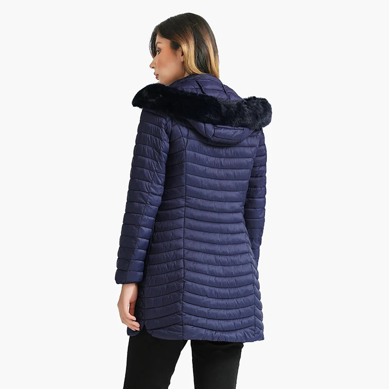 Women's slim fit winter puffer jacket with fur hood