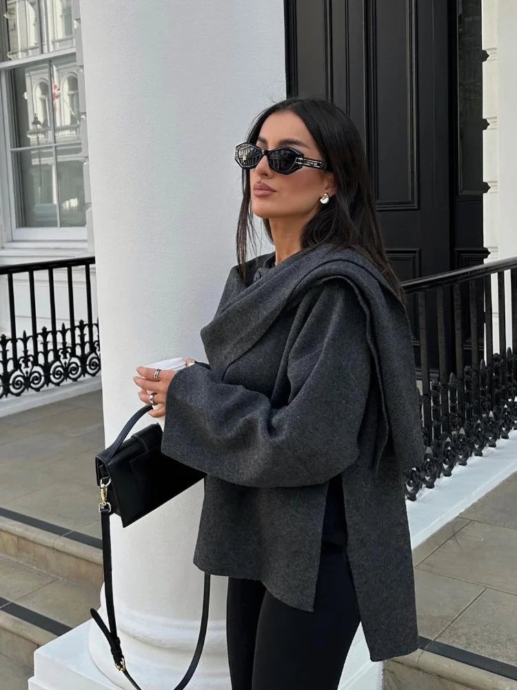 Elegant Asymmetric Solid Color Scarf Coat