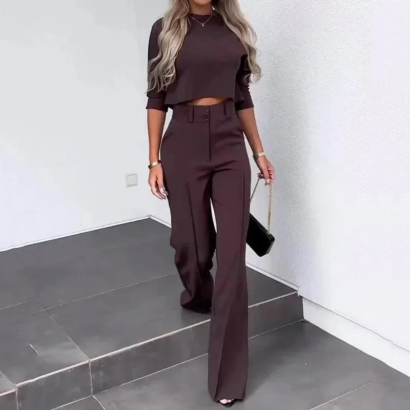 Women's elegant casual crop top and high waist wide leg trouser set