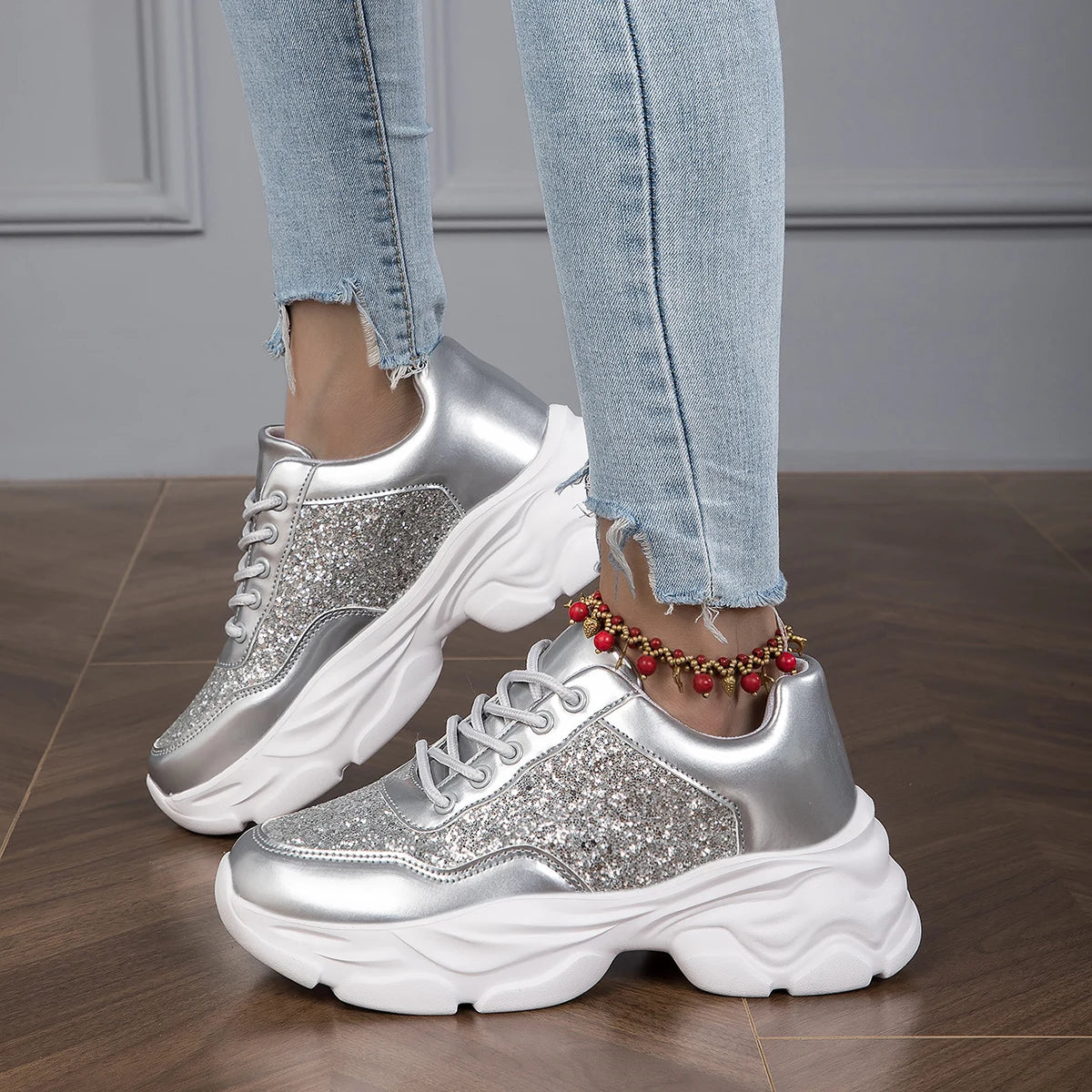 Women's Sneakers - Chunky Sole - Glitter Panel - Lace-Up Fashion Casual Shoes