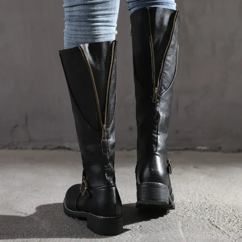 Women's high-top biker boots with chunky heel and buckle design