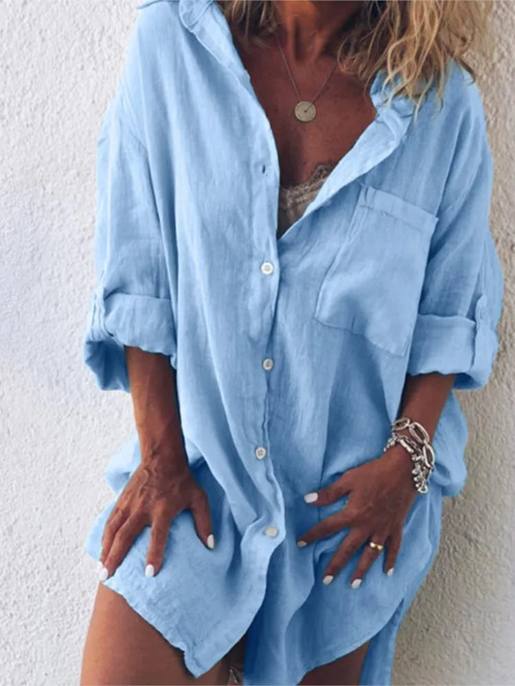 Women's casual summer button pocket long sleeve shirt