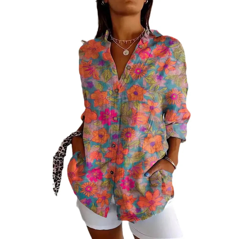 Women's Button-Up Blouse - Relaxed Fit - 3/4 Sleeve - Patchwork Floral Print