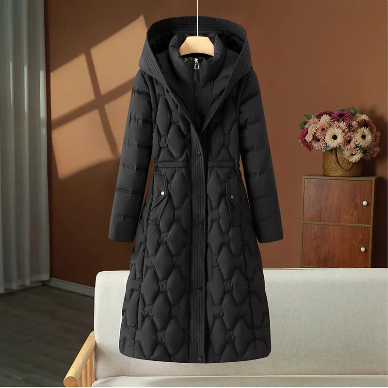 Women’s Long Quilted Jacket – Fitted Waist – Padded Insulation – Hooded – Snap Closure