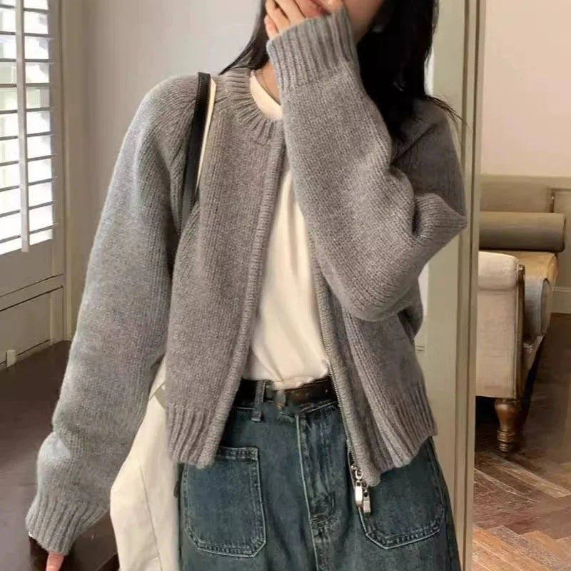 Women’s Cropped Cardigan – Wool Knit – Relaxed Fit – Long Sleeve Open Front