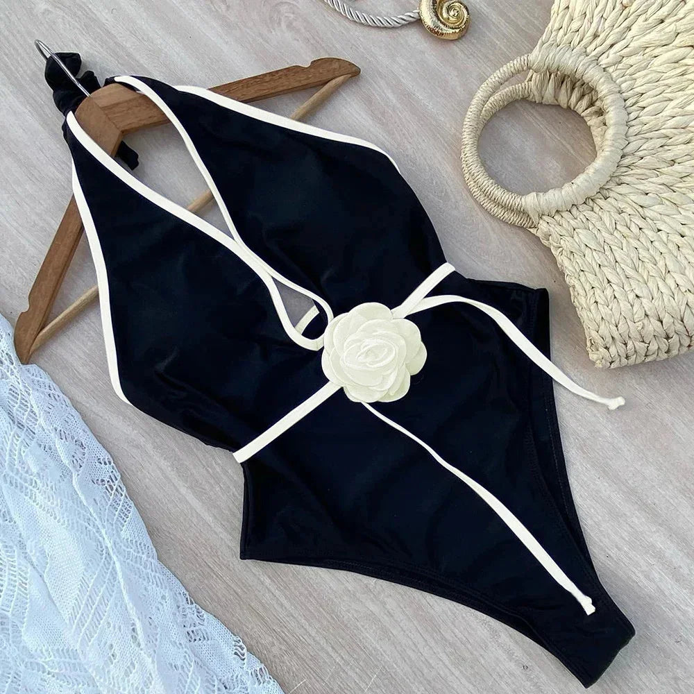 Floral Detail Halter Neck One-Piece Swimsuit