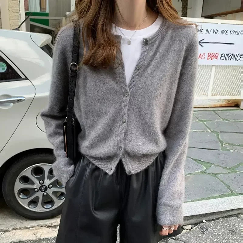 Women’s Cardigan Sweater – Soft Wool Blend – Relaxed Fit – Crew Neck – Button-Up Front