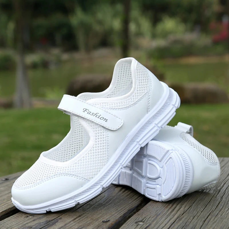 Women's Slip-On Flats - Breathable Mesh - Hook-and-Loop Strap - Lightweight Comfort