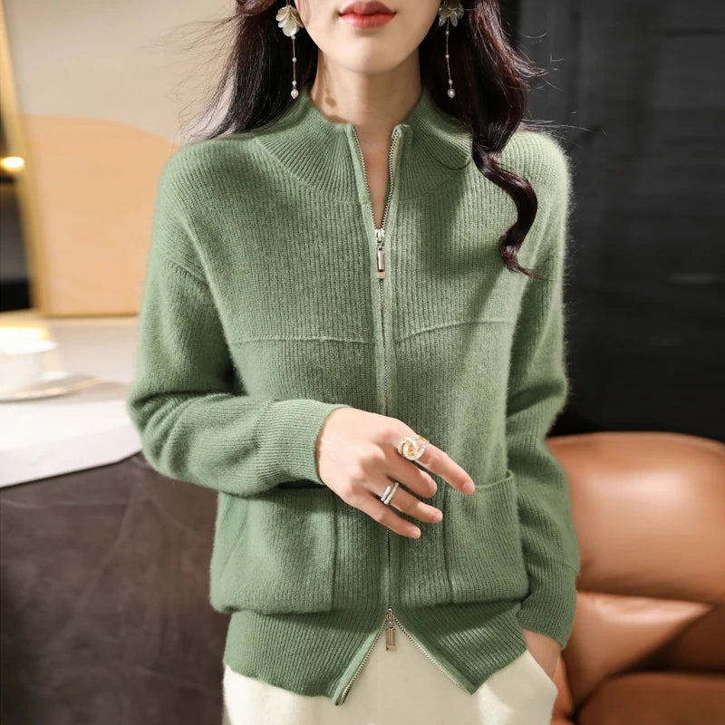 Women's textured half-collar zip cardigan autumn winter