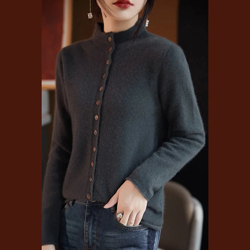 Women’s Cardigan Sweater – Wool Knit – Relaxed Tailored Fit – Button Front – Spread Collar